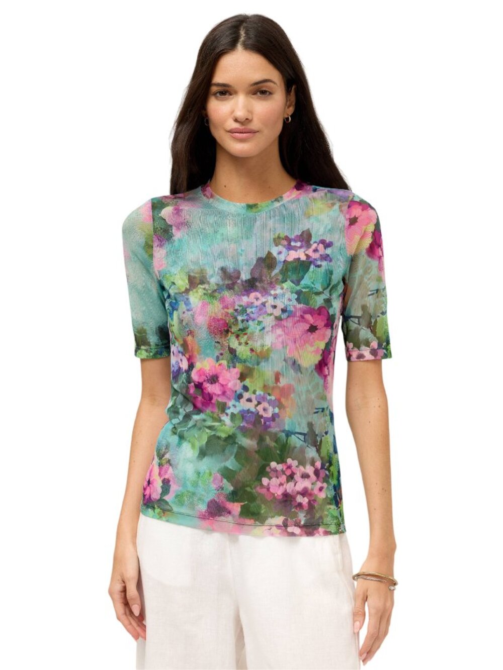 Johnny Was Magnolia Meadows Elbow Sleeve Mesh Top Floral Green Pink Tee Shirt NW
